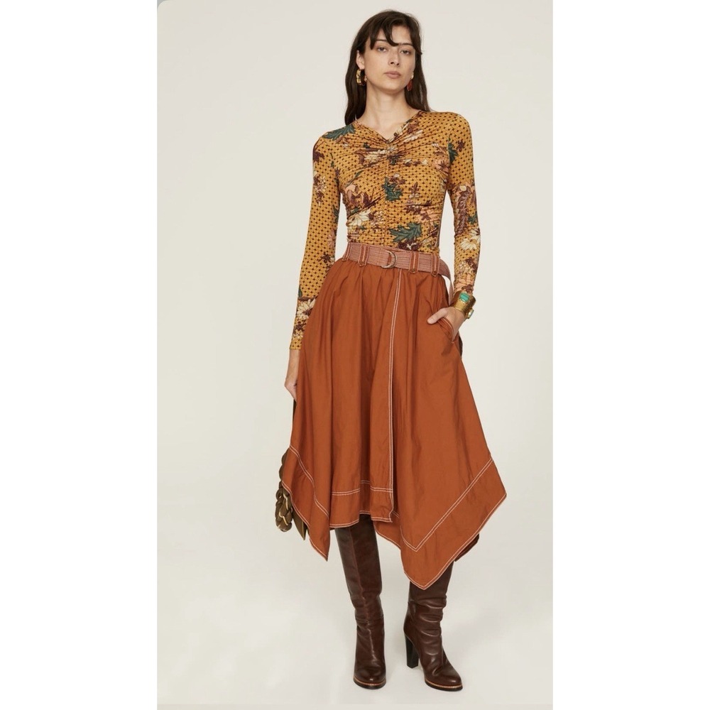 Ulla Johnson Brea Midi Skirt Rust Belted Cotton Asymmetrical SZ 10 Utility Indie